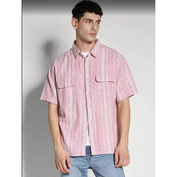 American Eagle Men's Pink & White Striped Short‎ Sleeve Button-Down Shirt Size L - Picture 1 of 8